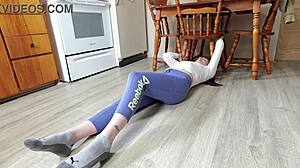stepmom yoga stuck then squirts wet pussy everywhere at gym