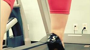 kyra hellfire struts treadmill in shiny black stiletto heels yoga pants