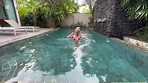 Real couple's rough poolside cowgirl ride turns passionate outdoors