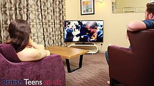 british 19yo emo gives oily handjob to older boyfriend on couch foreplay