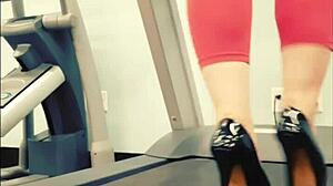 kyra hellfire struts treadmill in shiny black stiletto heels yoga pants