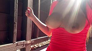 italian milf artemisia love bounces huge tits nipples in hot public solo