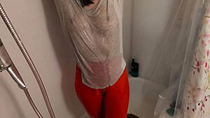 petite wife girlfriend holds pee then takes hot golden shower