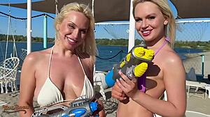 Blonde bombshells deepthroat huge cocks in sloppy FFM threesome POV