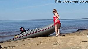 juicy ass milf flaunts big pussy and natural tits on beach