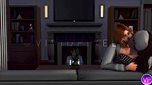 Shemale futa rams cock deep into her girlfriend's pussy during movie night sims 4!