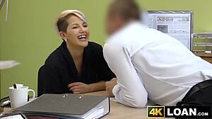 busty short-haired babe rides loan agent's cock at office pov