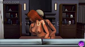 Shemale futa rams cock deep into her girlfriend's pussy during movie night sims 4!