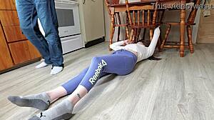 stepmom yoga stuck then squirts wet pussy everywhere at gym