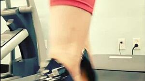 kyra hellfire struts treadmill in shiny black stiletto heels yoga pants