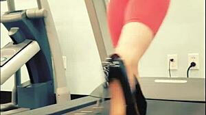 kyra hellfire struts treadmill in shiny black stiletto heels yoga pants