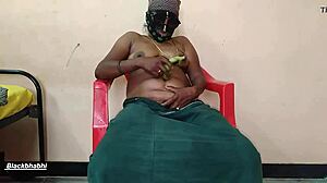 girl stuffs banana gourd eggplant veggies into shaved pussy for wild masturbation