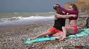 Skinny 18+ teen fucked hard outdoors on beach with cumshot facial
