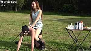 JAPANESE MISTRESS RISA LEADS SLAVE PET WALK PUBLIC OUTDOOR SPIT FETISH