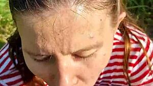 Fucked Skinny Tanned Pigtail Girl's Slobbery Mouth Outdoors