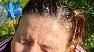 Fucked Skinny Tanned Pigtail Girl's Slobbery Mouth Outdoors