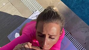 blonde beauty takes massive facial cumshot after yoga handjob