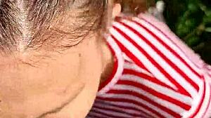 Fucked Skinny Tanned Pigtail Girl's Slobbery Mouth Outdoors