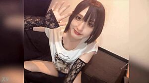 Cute black-haired crossdresser in short hair masturbates quietly 😏 solo fun!
