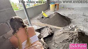 Couple fucks rough outdoors at construction site with pov domination and cumshot