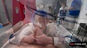 PETITE CUTIE'S LOCKER ROOM SEX SPIRALS INTO CHAOTIC PUBLIC MONSTER COCK RIDE!
