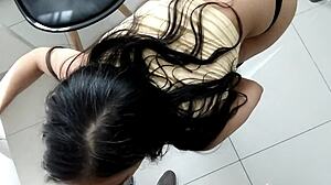 barefoot busty latina brunette teases big cock through thong