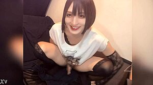Cute black-haired crossdresser in short hair masturbates quietly 😏 solo fun!