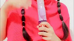 Watch her playful blue eyes as she squirts wildly from dildo play uncensored