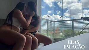 busty brazilian girlfriend squirts from sensual pussy licking on balcony ride
