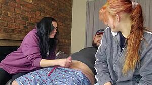 uhh two shy petite girls jerk my huge cock double