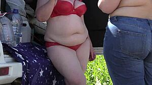 Mature chubby lesbians spied outdoors in lingerie park