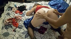 french slut in satin red dress takes doggystyle ass licking rimjob