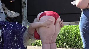 Mature chubby lesbians spied outdoors in lingerie park
