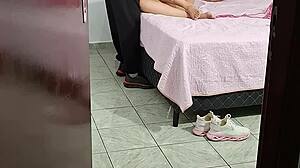 stepdad strips stepdaughter uniform for bedtime cum handjob