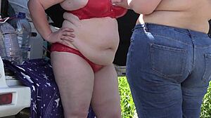 Mature chubby lesbians spied outdoors in lingerie park