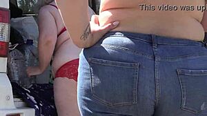 Mature chubby lesbians spied outdoors in lingerie park