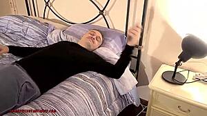 Strong Ukrainian blonde femdom chokes him rough with leather gloves over mouth!