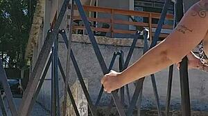 She mounts a backyard tent in sheer bodysuit wedged deep in her ass