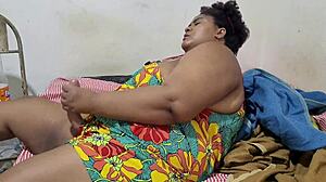 Futanari stepmom grows huge dildo cock between fat legs