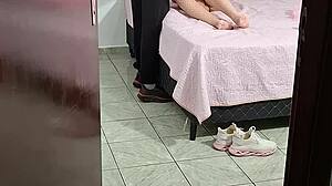stepdad strips stepdaughter uniform for bedtime cum handjob