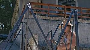 She mounts a backyard tent in sheer bodysuit wedged deep in her ass