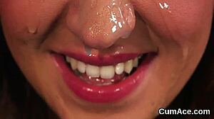 Unusual bombshell gets cumshot on her face swallowing all the semen