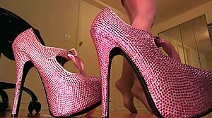 Pantyhose and pink crystal high heels look great