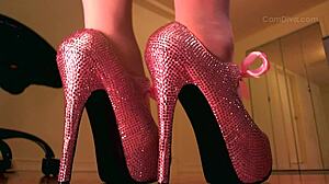 Pantyhose and pink crystal high heels look great