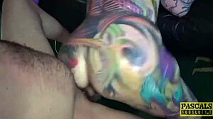 Inked sub bangs and swallows cum