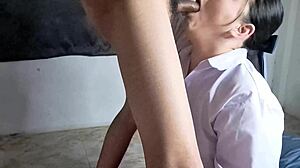 student learns deep blowjob skills from friend in bedroom