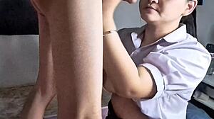 student learns deep blowjob skills from friend in bedroom