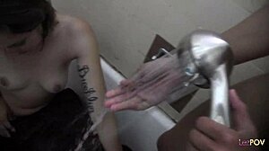 wearing costumes the brunette lesbians get raunchy so they decide to use sex toys before taking a shower