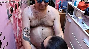 barber babe shows off her perfect natural tits