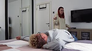 tattooed stepmom moans while sharing bed with stepson